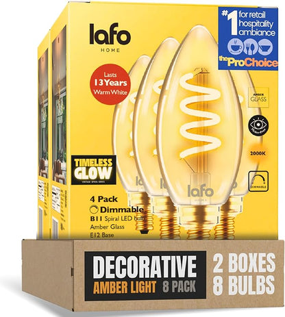 TimelessGlow 8 Pack Dimmable B11 LED Candelabra Bulb 3W 25W Equivalent Warm Amber 2000K E12 Base CRI80 Amber Glass Spiral Filament ETL FCC Certified Flicker Free Decorative Lighting
