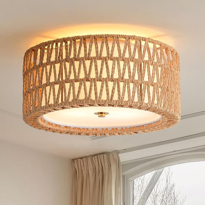 Boho Ceiling Light Fixtures 12.6" Flush Mount Ceiling Light, Hand-Woven Rattan Light Fixture for Bedroom Close to Ceiling Light Modern Ceiling Light for Foyer Hallway Entryway Kids Room