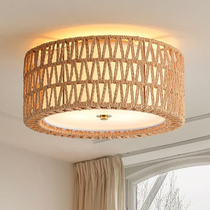 Boho Ceiling Light Fixtures 12.6" Flush Mount Ceiling Light, Hand-Woven Rattan Light Fixture for Bedroom Close to Ceiling Light Modern Ceiling Light for Foyer Hallway Entryway Kids Room