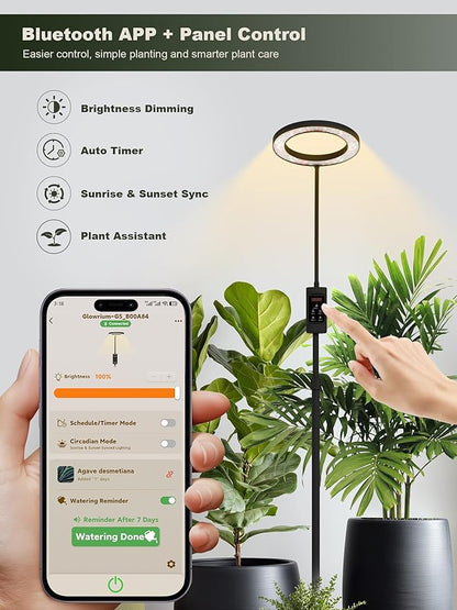 GLOWRIUM Smart Grow Lights for Indoor Plants, 24W Full Spectrum Plant Lights with Bluetooth App, Adjustable Height 47-70.9", Auto Timer, Indoor Plant Lamp for Large Tall Plants（Black 24W）