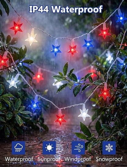 4th of July Decorations Star String Lights, 13.6Ft Red White Blue Patriotic Lights with 35 LED Stars, Waterproof Plug in Fairy String Lights for Memorial Day Independence Day Outdoor Indoor Decor