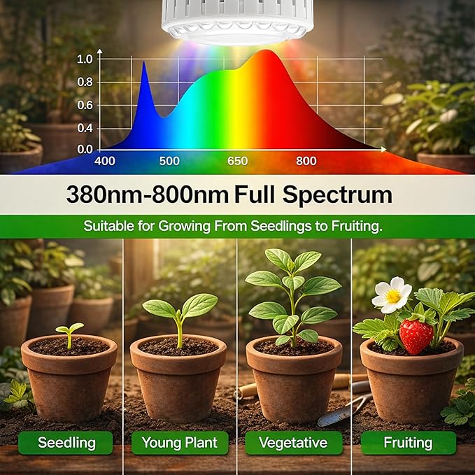 LED Grow Light Bulb E26, Full Spectrum 5000K Plant Light Bulb for Indoor Plants Growing, 12W (Equivalent to 80W), High Output for Faster Growth, 2 Pack