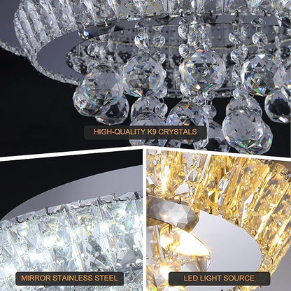 Miuyhji Elegant LED Crystal Raindrop Ceiling Light,20" Flush Mount Chandelier Light Fixture with Remote Control for Living Room Kitchen Island Bathroom Bedroom Hallway Entryway(Dimmable)