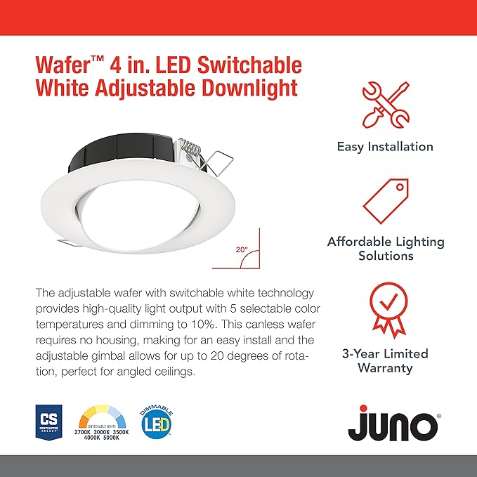 Juno LED Shower Light, Adjustable 4 Inch Wafer Downlight, Switchable Color Temperature 2700K/3000K/3500K/4000K/5000K, 90+ CRI, Matte White, 4-Inch