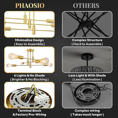 6-Light Sputnik Chandelier Gold, Mid-Century Modern Ceiling Light Fixture for Dining Room, Kitchen, Living Room, Bedroom
