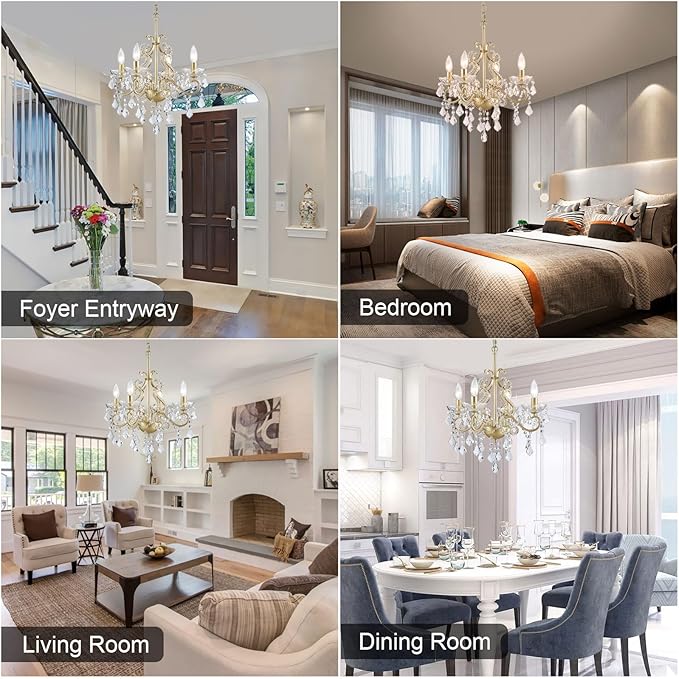Mini Crystal Chandelier, Modern K9 Crystal Chandeliers for Dining Room, 4-Lights Gold Pendant Ceiling Light Fixture for Entryway Kitchen Island Bathroom Bedroom Living Room, H 21" x W 17.7"