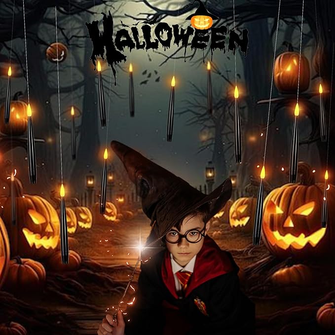 LUSHARBOR Floating Candles with Wand, Magic Halloween Decorations 10pcs Black Flameless Candles with Remote LED Battery Operated Candle for Halloween Decor Gift 6.1in