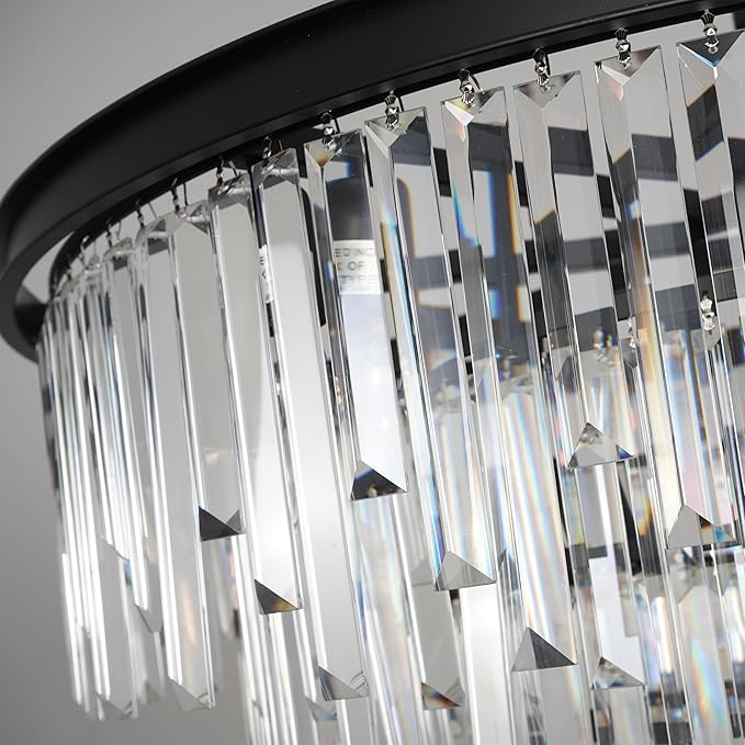 31'' Modern Crystal Chandelier, Black Round Ceiling Light with Clear Prisms, Luxury Flush Mount Lighting Fixture for Dining Room Bedroom Foyer