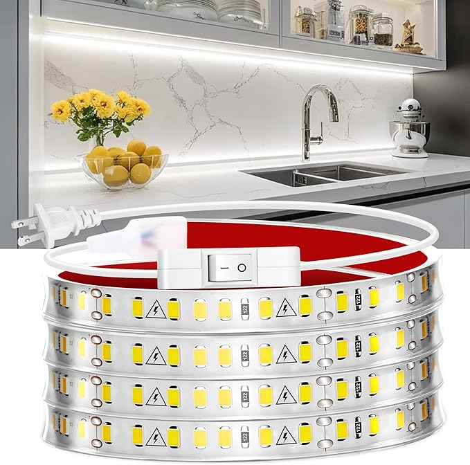 maylit Under Cabinet Strip Lighting Plug in 60in, Ultra Bright Small LED Light Bar, 6000K Cool White, 110V-120V Wired Lights for Kitchen Cabinet, Counter, Workbench, Desk, Closet, Shelf, Indoor