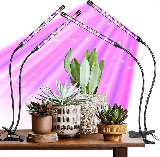 Grow Light for Indoor Plant, Full Spectrum Clip Plant Lamp with Red, Blue, White Light, Plant Growing Light with Adjustable Gooseneck, 4/8/12/18H Timer, 10 Brightness Levels, 3 Lighting Modes, 2 Pack