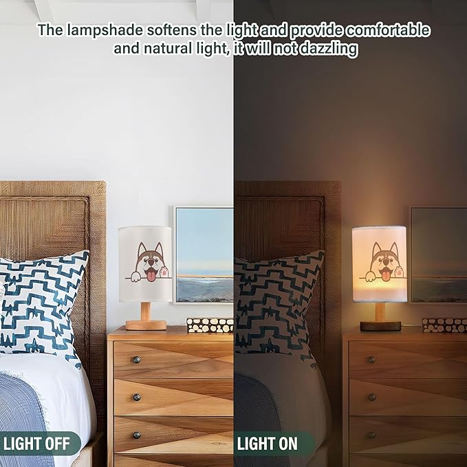 Cute Siberian Husky Dog Peeking Cartoon Animal Table Lamp with Wood Base Fabric Lamp Shade Bedside Nightstand Desk Lamp for Living Room Bedroom Kids Room Office
