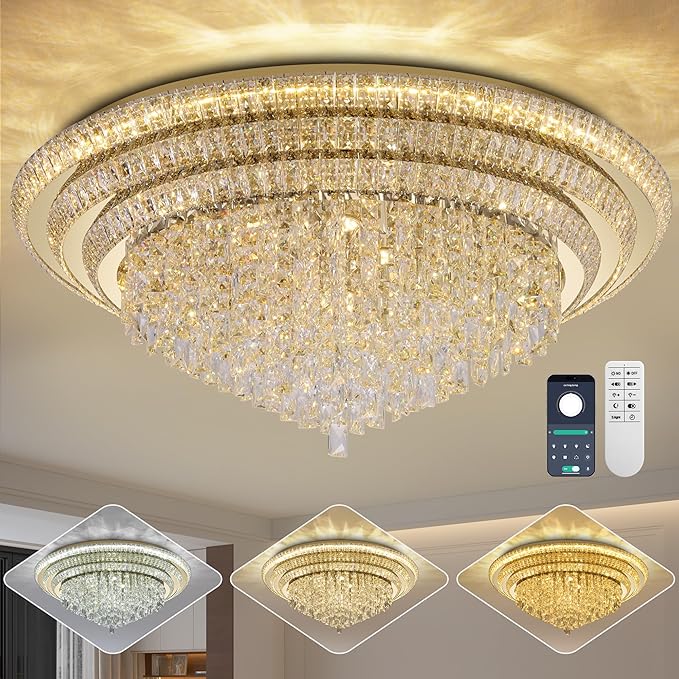 40 inch Crystal Gold Ceiling-Light Flush Mount With Remote Control and APP, 3CCT Dimmable & Brightness Adjustable, Modern Crystal Raindrop Chandeliers for Bedroom Hallway Dinning Room Living Room