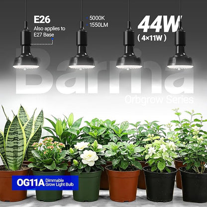 Barrina Orbgrow OG11A Grow Light Bulbs for Indoor Plants, Integrated Dimming & Timing, 5000K 44W(4 x 11W, 400 Watt Equiv), E26 Plant Light Bulb, Full Spectrum for Seeds and Greens, 4 Packs, Black