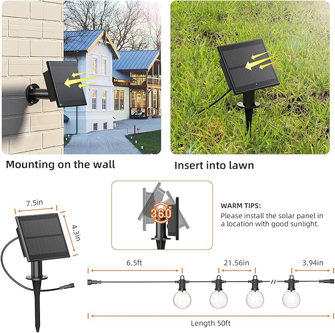 Kawaya Outdoor Solar String Lights, IP65 Waterproof Shatterproof Edison Hanging Lights with USB-Charging LED Solar Patio Light for Yard Fence Porch Camping Party and Garden Decor