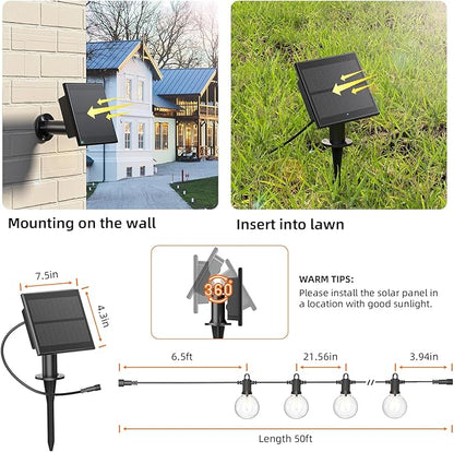 Kawaya Outdoor Solar String Lights, IP65 Waterproof Shatterproof Edison Hanging Lights with USB-Charging LED Solar Patio Light for Yard Fence Porch Camping Party and Garden Decor