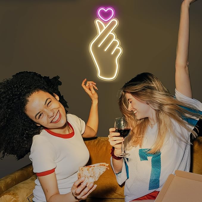 Lumoonosity Finger Heart Neon Sign - Pink & Warm White K-Drama Hand Heart Gesture Neon Signs - Premium K-Pop Hearts Led Noen Light for Bedroom, Game Room Decor