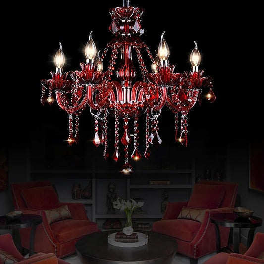 Bagood Red 6 Lights K9 Crystal Candle Chandeliers Lighting Modern Pendant Lights Crystal Modern Chandelier Candle Chandelier Lighting for Living Room Bedroom Hallway Entry E12 Base, H22 x W23.6 Inch