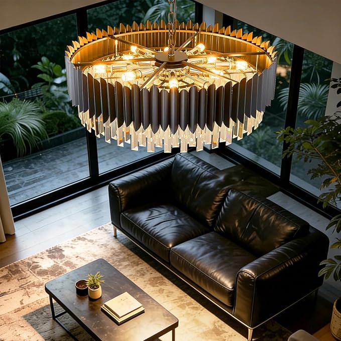 Black Crystal Chandelier 30'' K9 Crystal Round Pendant Lights Adjustable 6-Tier Large Modern Crystal Chandelier Light 12-Lights for Dining Room Living Room Kitchen Foyer Entryway