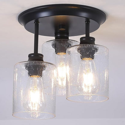 Semi Flush Mount Ceiling Light, Matte Black Kitchen Light Fixtures Ceiling Mount with Seeded Glass Shades, 3-Light Close to Ceiling Light Fixtures for Kitchen Hallway Foyer Dining Room.
