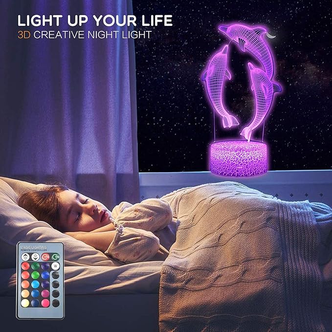 TriPro 3D Dolphin Night Light, LED Optical Illusion Lamp with 16 Colors & Remote Control, USB Touch Bedside Lamp for Kids Bedroom Decor, Ocean Animal Gift for Boys Girls Teens