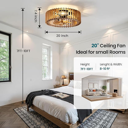 20'' Flush Mount Caged Ceiling Fan with Light, Wooden Low Profile Ceiling Fan with Light and Remote, 6 Speed and Reversible, Farmhouse Enclosed Fan Lights for Bedroom, Dining Room
