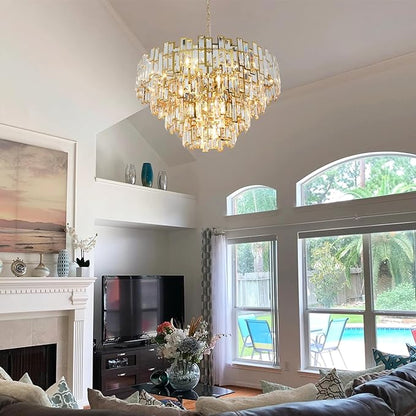 W31.5 Modern Crystal Chandelier Gold Round Chandelier for Living Room 4-Tier Large Chandeliers for High Ceiling Foyer Entryway Light Fixture Hanging Contemporary Lighting 19-Light