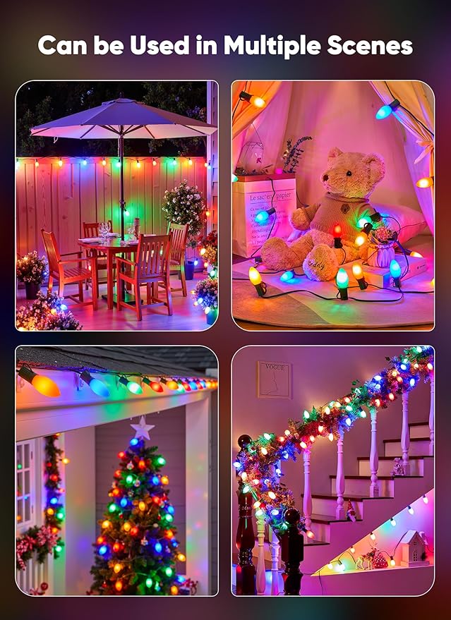 Minetom Vintage C9 LED Christmas Lights Outdoor Multicolor, 50 Feet C9 String Lights for Christmas Tree Roofline Holiday Party Indoor Outdoor Garden Patio Backyard Cafe Xmas Decoration, Green Wire