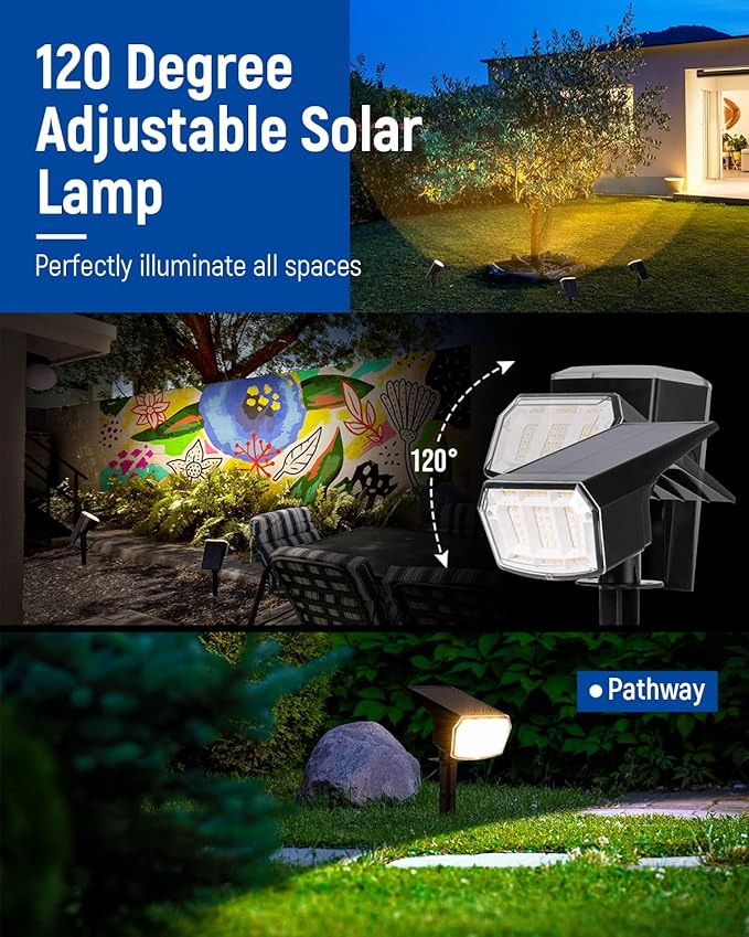 AUDERWIN Solar spotlights Outdoor 63 LED 3 Lighting Modes, IP65 Waterproof Lighten Yard Garden House Garage Pathway for Christmas Decorations-4 Pack
