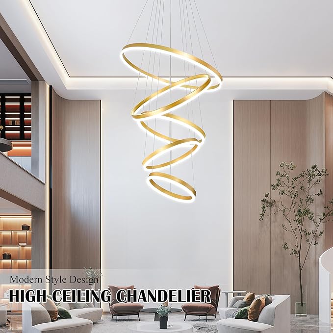 5 Rings Pendant Lights Modern Gold Led Chandelier Gold Modern Led Pendant Light Dimmable Height Adjustable Chandeliers for Dining Room Bedroom Entryway Living Room Foyer (3000K-6000K)