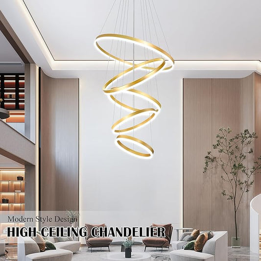5 Rings Pendant Lights Modern Gold Led Chandelier Gold Modern Led Pendant Light Dimmable Height Adjustable Chandeliers for Dining Room Bedroom Entryway Living Room Foyer (3000K-6000K)