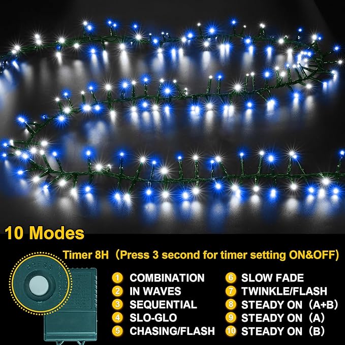 LAMPHOME 500 LED Blue White String Lights, 46ft 16 Modes Plug in Twinkle Fairy Lights, Waterproof Blue LED Christmas Lights Outdoor for Christmas Tree Bedroom Party Wedding Decor