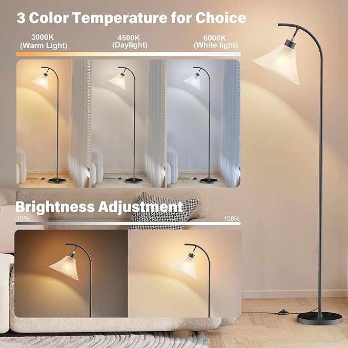 SIBRILLE Glass Floor Lamp, Dimmable Black Standing Lamp with Remote Control & 3 Color Temperatures, Modern Arc Floor Lamps for Living Room Bedroom Office Corner, 9W LED Bulb Included