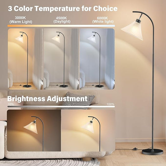 SIBRILLE Glass Floor Lamp, Dimmable Black Standing Lamp with Remote Control & 3 Color Temperatures, Modern Arc Floor Lamps for Living Room Bedroom Office Corner, 9W LED Bulb Included
