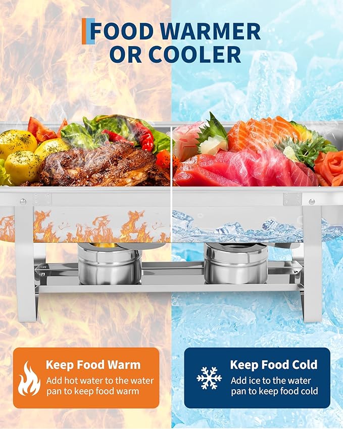 Garvee Chafing Dish Buffet Set 6 Pack, 8QT Buffet Servers and Warmers Set with Lid & Foldable Frame, Rectangular Stainless Steel Chafer Food Warmer for Parties Wedding Catering Supplies, Silver