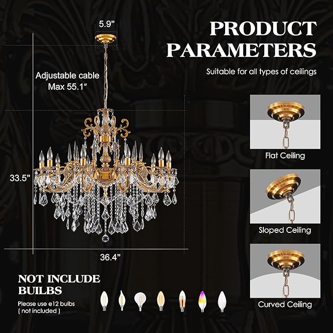 Gold Crystal Chandelier, 10-Light Antique Bronze Candle Pendant Ceiling Light Fixture with K9 Crystals for Dining and Living Room, Bedroom, Kitchen Island, Hallway, Dia 36"