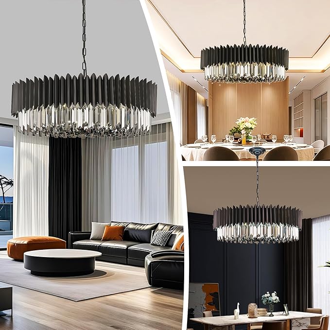 12-Light Large Crystal Chandeliers 30" Dining Room Light Fixture 6 Tiers Flush Mount Smoke Gray and Black Crystal Chandelier Round Pendant Light for Kitchen Living Room Entryway Foyer