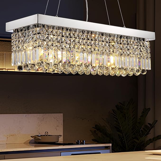 Modern Crystal Chandeliers for Dining Room Kitchen Island Light Fixture, 6-Light Rectangle Chandelier for Living Room, L31.5 Inch, Chrome Finish