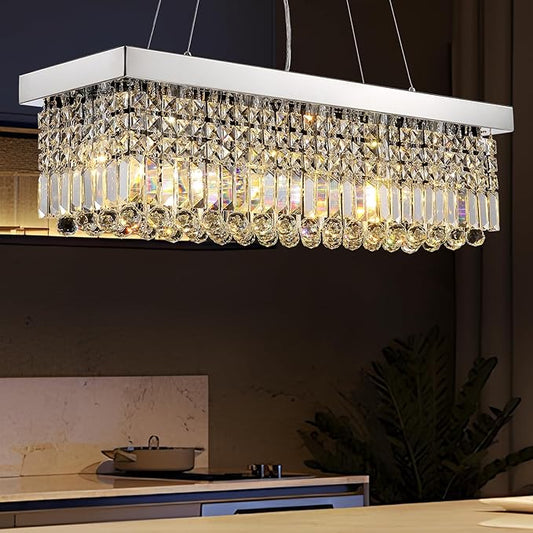 Modern Crystal Chandeliers for Dining Room Kitchen Island Light Fixture, 6-Light Rectangle Chandelier for Living Room, L31.5 Inch, Chrome Finish