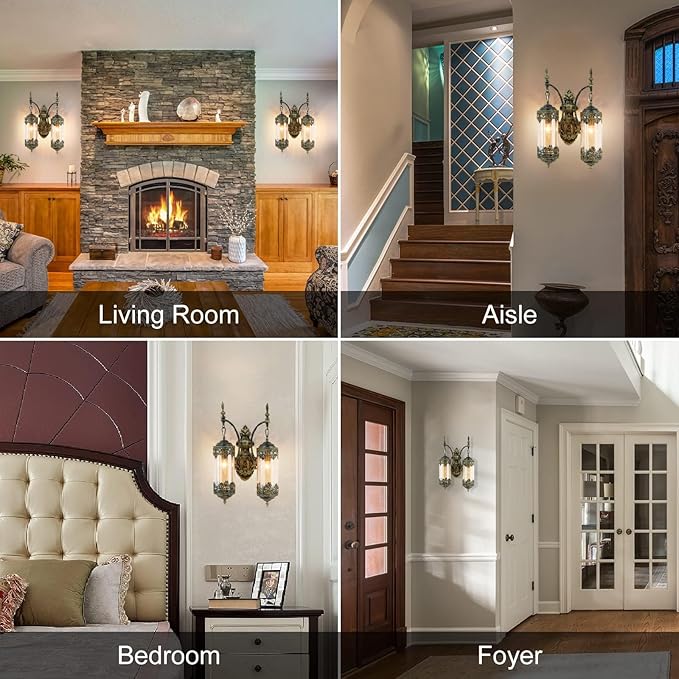 Rustic Wall Sconce with Amber Glass Vintage Antique Gothic Wall Light Fixture Retro Mid Centry Lantern Wall Sconce for Bedroom, Living Room, Mirror, Brush Gold