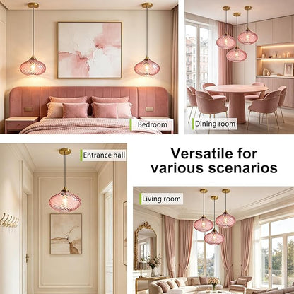 Glass Pendant Lights Kitchen Island, 11'' Brass Gold Pendant Lighting Fixtures, Modern Hanging Ceiling Light with Striped Purple Pink Glass Shade for Farmhouse Dining Room Bedroom Hallway(1 Pack)