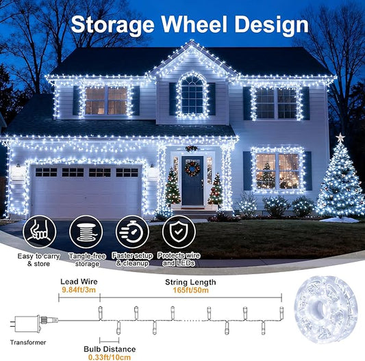 LED String Lights, 165FT 500LED 30V Plug in Waterproof String Lights with 8 Modes for Indoor and Outdoor Party Wedding Home Patio Lawn Garden Supplies (Cool White)