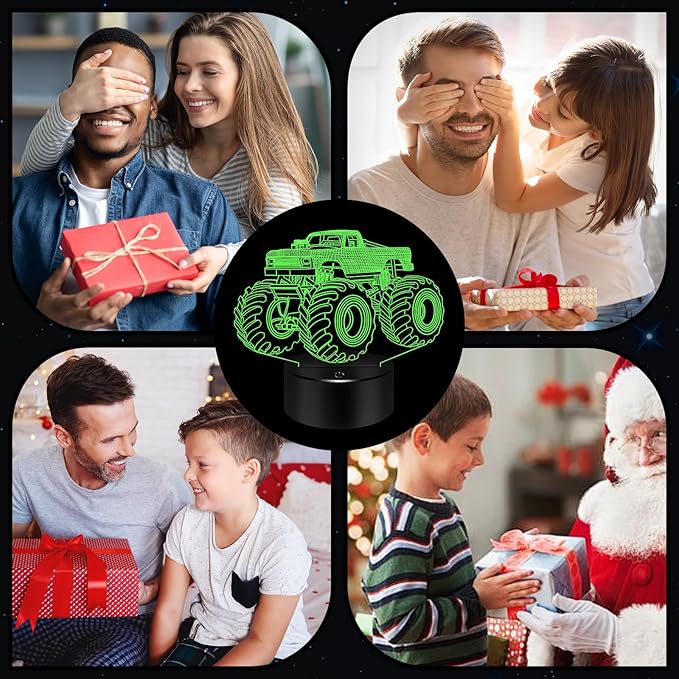 BASSI Monster Trucks Night Light for Boys, 3D LED Optical Illusion Lamp with Remote Control, 16 Colors Change Perfect Birthday Party Decor Idea for Boys, Kids, and Teens