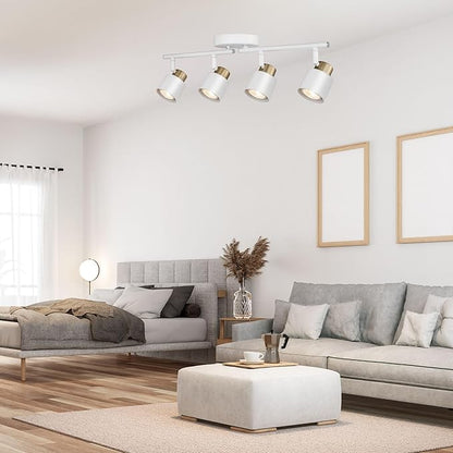 4 Light Track Lighting Kit, Matte White Brass Finish Adjustable with Modern Flush Mount Ceiling Spotlight for Kitchen,Dining,Living Room,Home Improvement
