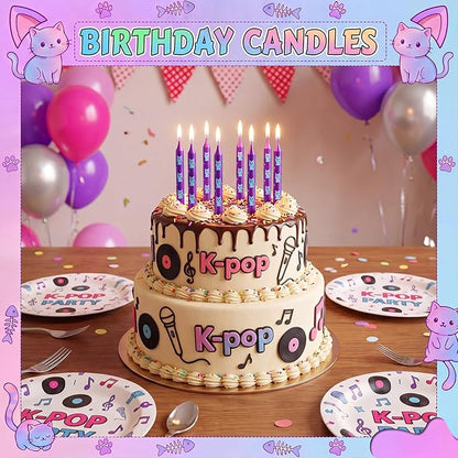 Conelist 12 Pcs Kpop Cat Themed Birthday Candles Purple Blue Birthday Decorations Cartoon Movie Cake Toppers for Kpop Themed Party Supplies