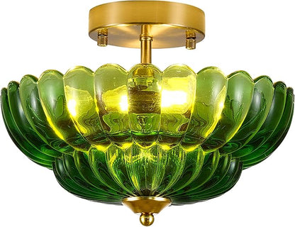 Semi Flush Mount Ceiling Light Green Crystal Glass Fixture - 12" Vintage Gold Close to Ceiling Lamp for Bedroom Hallway Kitchen Entryway, Mid Century Modern Art Deco Lighting (3-Light, E26 Base)