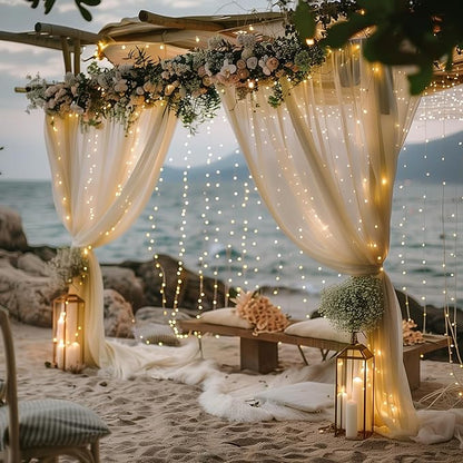 Fomcet Tulle Backdrop Curtains Champagne 30FT X 10FT Tulle Curtain with Lights String Sheer Backdrop Curtains for Parties Wedding Baby Shower Photo Shoot Decorations (6 Panels 5x10FT)