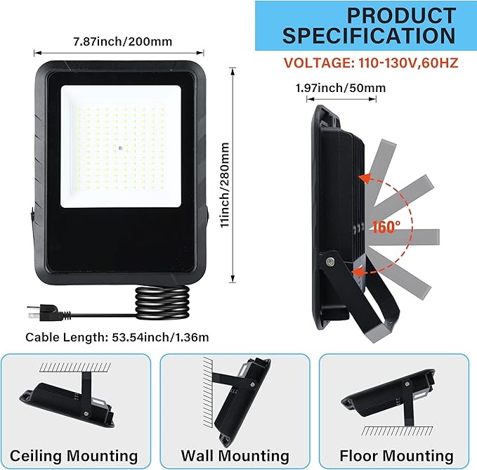 Simple Deluxe 140W Flood Lights Outdoor, 14000LM Bright LED Work Light with Plug, 6500K Daylight, IP66 Waterproof Security Lights Yard Lights, 2 Pack
