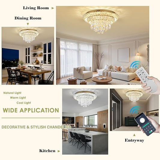 18 inch Flush Mount Crystal Chandeliers with Remote and App Gold, Modern Elegant LED Crystal Raindrop Ceiling Light Fixture, 3CCT Dimmable, for Living Room Kitchen Island Bedroom Entryway Foyer