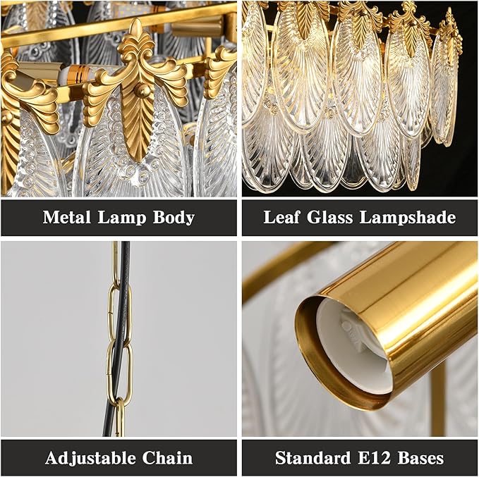 KELUOLY Rectangular Crystal Glass Dining Room Chandelier, 8 Light Gold Chandeliers Lighting Fixture, L33.5'' Height Adjustable Oval Ceiling Pendant Light for Office Coffee Over Table Kitchen Island