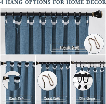 DUALIFE 100% Blackout Linen Blue Curtains for Bedroom 84 Inches Long,Back Tab/Rod Pocket Living Room Drapes,Thermal Insulated Textured Black Out Curtains 2 Panels Set,50" W x 84" L,Classic Blue